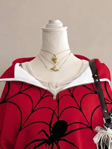 SHEIN EZwear 女款紅色蜘蛛印花灰色寬鬆半拉鍊高領輕量套頭運動衫，適合萬聖節、電影約會、朋友聚會等場合 - 彩色 - 查看 5