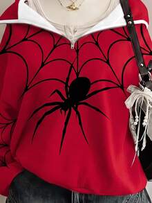 SHEIN EZwear 女款紅色蜘蛛印花灰色寬鬆半拉鍊高領輕量套頭運動衫，適合萬聖節、電影約會、朋友聚會等場合 - 彩色 - 查看 3