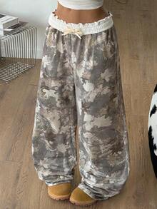 Tween Girls Autumn/Winter New Casual Versatile Snug Fit Low-Waist Elastic Waist Loose Wide-Leg Sweatpants, Colorblock, Patchwork Back To School - Multicolor - View 10