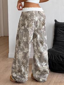 Tween Girls Autumn/Winter New Casual Versatile Snug Fit Low-Waist Elastic Waist Loose Wide-Leg Sweatpants, Colorblock, Patchwork Back To School - Multicolor - View 2