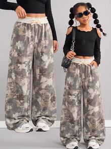 Tween Girls Autumn/Winter New Casual Versatile Snug Fit Low-Waist Elastic Waist Loose Wide-Leg Sweatpants, Colorblock, Patchwork Back To School - Multicolor - View 9