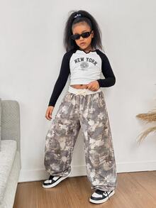 Tween Girls Autumn/Winter New Casual Versatile Snug Fit Low-Waist Elastic Waist Loose Wide-Leg Sweatpants, Colorblock, Patchwork Back To School - Multicolor - View 8