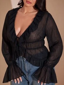 SHEIN BAE Plus Size Women's Solid Color V-Neck Casual Versatile Daily Wear Blouse Fall - Black - View 7