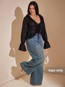 SHEIN BAE Plus Size Women's Solid Color V-Neck Casual Versatile Daily Wear Blouse Fall - Black - View 1