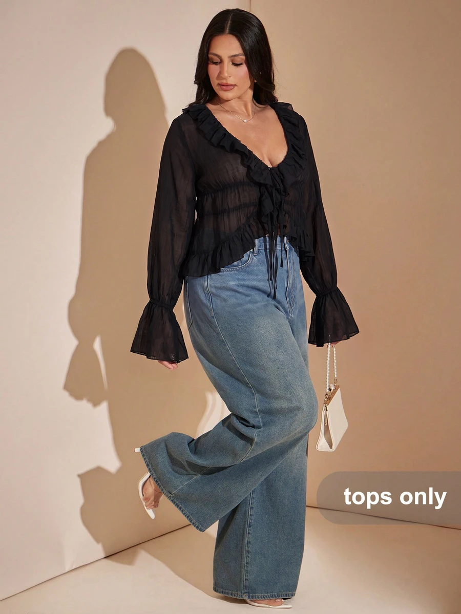 SHEIN BAE Plus Size Women's Solid Color V-Neck Casual Versatile Daily Wear Blouse Fall - Black - View 1