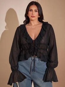 SHEIN BAE Plus Size Women's Solid Color V-Neck Casual Versatile Daily Wear Blouse Fall - Black - View 3
