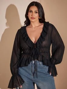 SHEIN BAE Plus Size Women's Solid Color V-Neck Casual Versatile Daily Wear Blouse Fall - Black - View 4