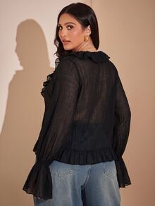 SHEIN BAE Plus Size Women's Solid Color V-Neck Casual Versatile Daily Wear Blouse Fall - Black - View 2