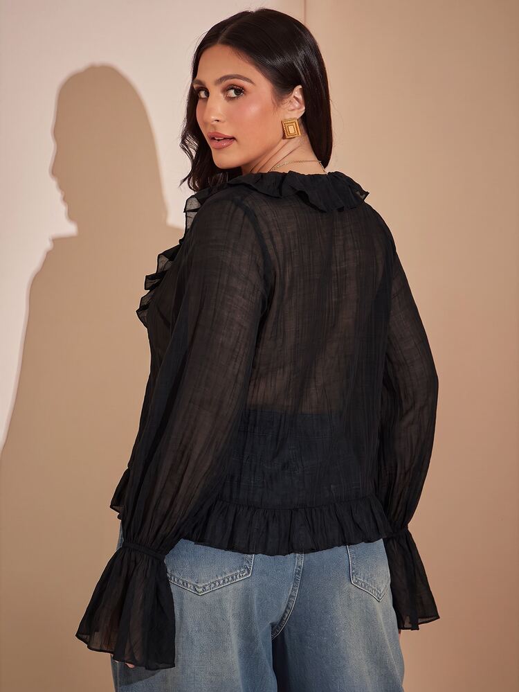 SHEIN BAE 大尺碼女款純色V領休閒百搭日常穿搭襯衫 秋季 - 黑色 - 查看 2
