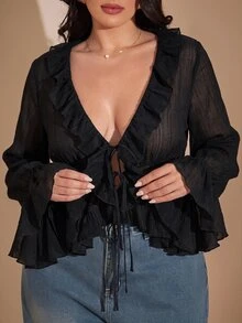 SHEIN BAE Plus Size Women's Solid Color V-Neck Casual Versatile Daily Wear Blouse Fall - Black - View 8