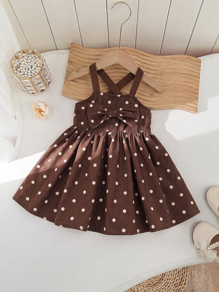 SHEIN Baby Girl Cute Corduroy Polka Dot Pattern Bowknot Decor Cami Autumn Winter Dress - Brown - View 4