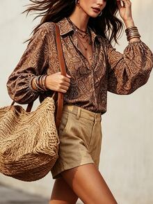 Glimmora Blus Wanita Motif Paisley Karamel Vintage - Rust Brown - View 4