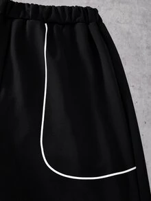 SHEIN Coolqubz 2件組男士青少年休閒寬鬆街頭風黑色對比色條紋設計字母印花直筒運動褲與衛衣套裝 - 黑色 - 查看 6