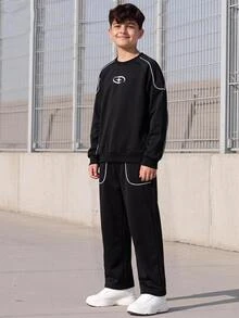 SHEIN Coolqubz 2件組男士青少年休閒寬鬆街頭風黑色對比色條紋設計字母印花直筒運動褲與衛衣套裝 - 黑色 - 查看 4