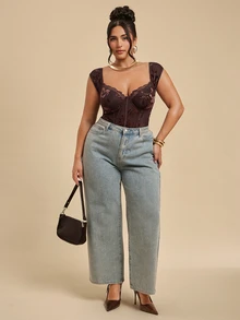 SHEIN BAE CURVE 大尺碼女款奢華花卉天鵝絨連身內衣，棕色甜心領胸前精緻蕾絲內衣連身褲 - 咖啡棕 - 查看 7