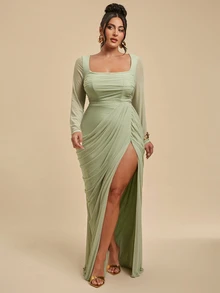 SHEIN BAE CURVE Gaun Wanita Ukuran Besar Warna Hijau Bean dengan Lengan Panjang dan Belahan, Cocok untuk Musim Gugur - Hijau - View 2