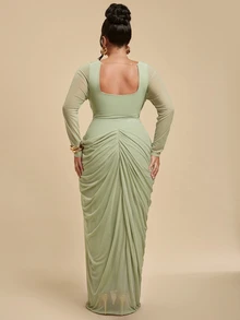 SHEIN BAE CURVE Gaun Wanita Ukuran Besar Warna Hijau Bean dengan Lengan Panjang dan Belahan, Cocok untuk Musim Gugur - Hijau - View 6