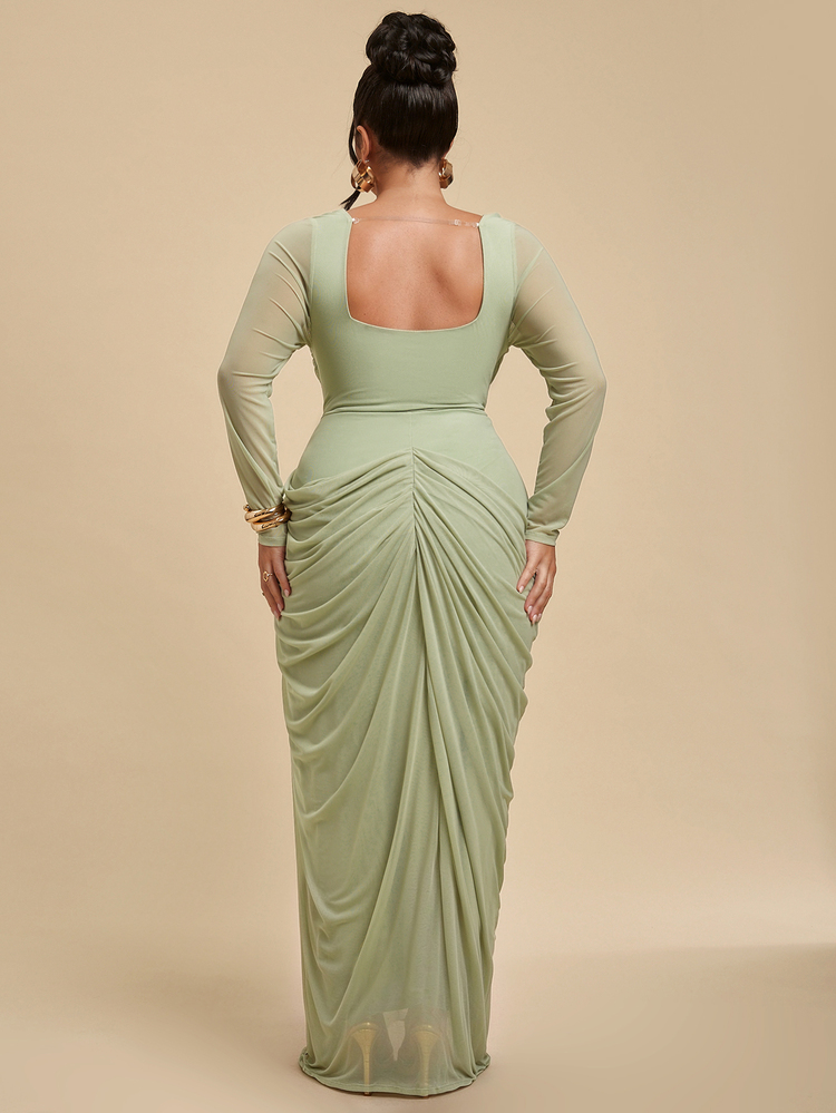 SHEIN BAE CURVE Plus Size Women's Bean Green Mesh Long Sleeve Slit Dress Fall - Green - View 6