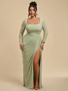 SHEIN BAE CURVE Gaun Wanita Ukuran Besar Warna Hijau Bean dengan Lengan Panjang dan Belahan, Cocok untuk Musim Gugur - Hijau - View 1