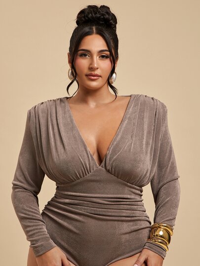SHEIN BAE CURVE Plus Size Women Solid Color V-Neck Pleated Casual Daily Bodysuit, Elegant Oatmeal-Colored Long-Sleeve Bodysuit With Shoulder Pads – Autumn/Winter Work
