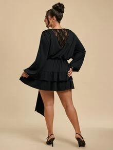 SHEIN BAE CURVE Fall Black Lace Patchwork Deep V Neck Cinched Waist Ruffle Sexy Sheer Long Sleeve Mini Dress Halloween Gothic Party Date Night Going Out - Black - View 2