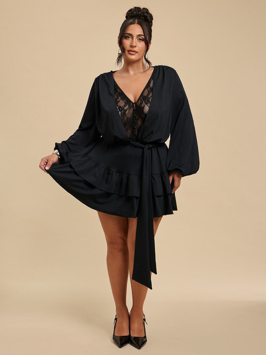 SHEIN BAE CURVE Fall Black Lace Patchwork Deep V Neck Cinched Waist Ruffle Sexy Sheer Long Sleeve Mini Dress Halloween Gothic Party Date Night Going Out - Black - View 1