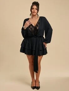 SHEIN BAE CURVE Fall Black Lace Patchwork Deep V Neck Cinched Waist Ruffle Sexy Sheer Long Sleeve Mini Dress Halloween Gothic Party Date Night Going Out - Black - View 3