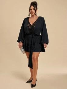 SHEIN BAE CURVE Fall Black Lace Patchwork Deep V Neck Cinched Waist Ruffle Sexy Sheer Long Sleeve Mini Dress Halloween Gothic Party Date Night Going Out - Black - View 4