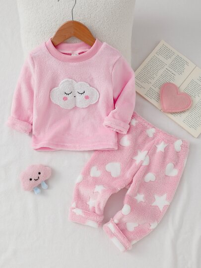 SHEIN Conjunto de Roupa de Casa para Bebé Menina, 1 Conjunto, Top de Manga Comprida em Peluche Branco Creme com Bordado de Nuvem Rosa Fofo e Calças Compridas Xadrez Rosa, Espessado, Outono/Inverno, Versátil e Moderno, Melhor Opção de Presente