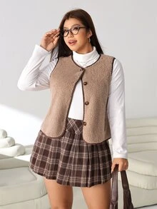 Solflare Plus Size Vintage Button Pocket Vest Jacket, Autumn/Winter, Collegiate Style - Khaki - View 7