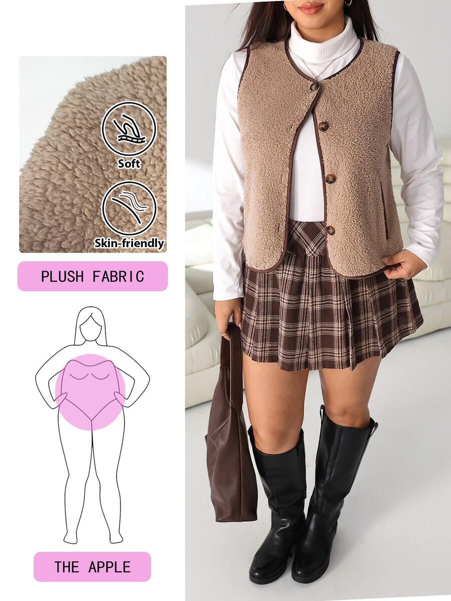 Solflare Plus Size Vintage Button Pocket Vest Jacket, Autumn/Winter, Collegiate Style - Khaki - View 1