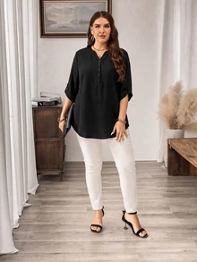 Comfylo Solid Color Mid-Sleeve Plus Size Shirt Suitable For Spring And Autumn Fall - Black - View 5