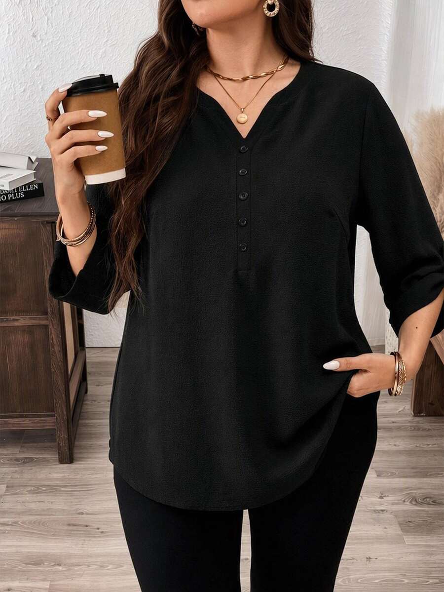 Comfylo Solid Color Mid-Sleeve Plus Size Shirt Suitable For Spring And Autumn Fall - Black - View 1