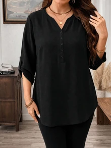 Comfylo Solid Color Mid-Sleeve Plus Size Shirt Suitable For Spring And Autumn Fall - Black - View 4