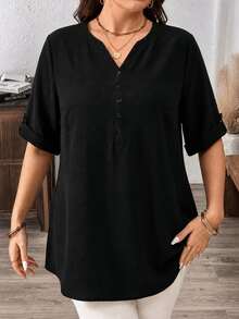 Comfylo Solid Color Mid-Sleeve Plus Size Shirt Suitable For Spring And Autumn Fall - Black - View 6
