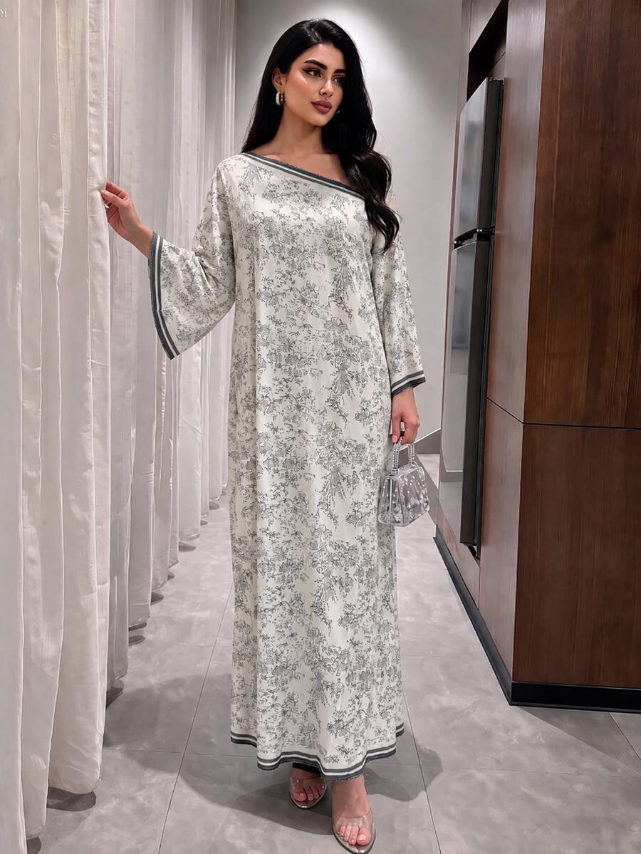 Yasmyna Light Gray Striped Floral Vintage Kaftan Robe, Elegant Autumn Style