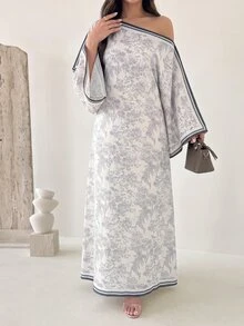 Yasmyna Light Gray Striped Floral Vintage Kaftan Robe, Elegant Autumn Style - Light Grey - View 7