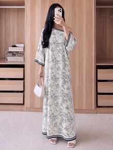 Yasmyna Light Gray Striped Floral Vintage Kaftan Robe, Elegant Autumn Style - Light Grey - View 8