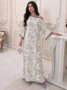Yasmyna Light Gray Striped Floral Vintage Kaftan Robe, Elegant Autumn Style - Light Grey - View 9