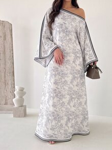 Yasmyna Light Gray Striped Floral Vintage Kaftan Robe, Elegant Autumn Style - Light Grey - View 4