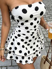 Jade & Ember Women's Summer Short Dress, Black And White Polka Dot Strapless Ruffle Layered Short Dress - Suitable For Vacation, Autumn Fashion, Wedding Guest, Birthday Dress, Outing, Graduation, Back To School, Holiday, Competition, Party, Summer Dress, Vacation Dress - Black and White - View 6