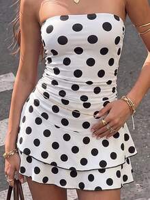 Jade & Ember Women's Summer Short Dress, Black And White Polka Dot Strapless Ruffle Layered Short Dress - Suitable For Vacation, Autumn Fashion, Wedding Guest, Birthday Dress, Outing, Graduation, Back To School, Holiday, Competition, Party, Summer Dress, Vacation Dress - Black and White - View 4