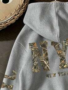 Plus Size Women's Letter Print Hooded Sweatshirt - Grey - View 3