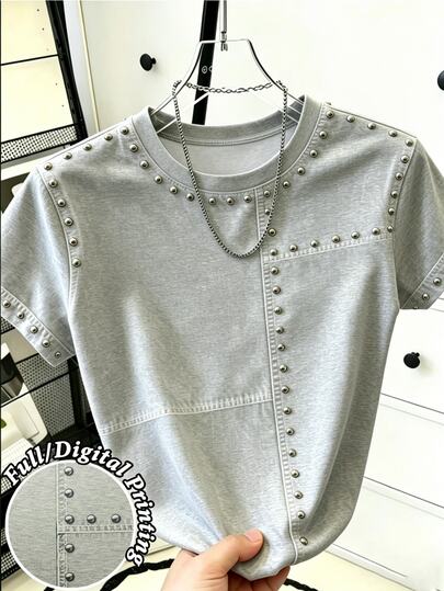 Resyla Camiseta de manga corta para mujer de cuello redondo, estilo vintage americano desgastado con remaches y patchwork, nueva , uso casual para salidas diarias, citas y escuela