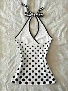 IslaSuriya Digital White And Black Polka Dot Print Halter Neck Tie Back Tank Top For Women Vacation Beach Going Out Summer Romantic Sexy 70s - Multicolor - View 5