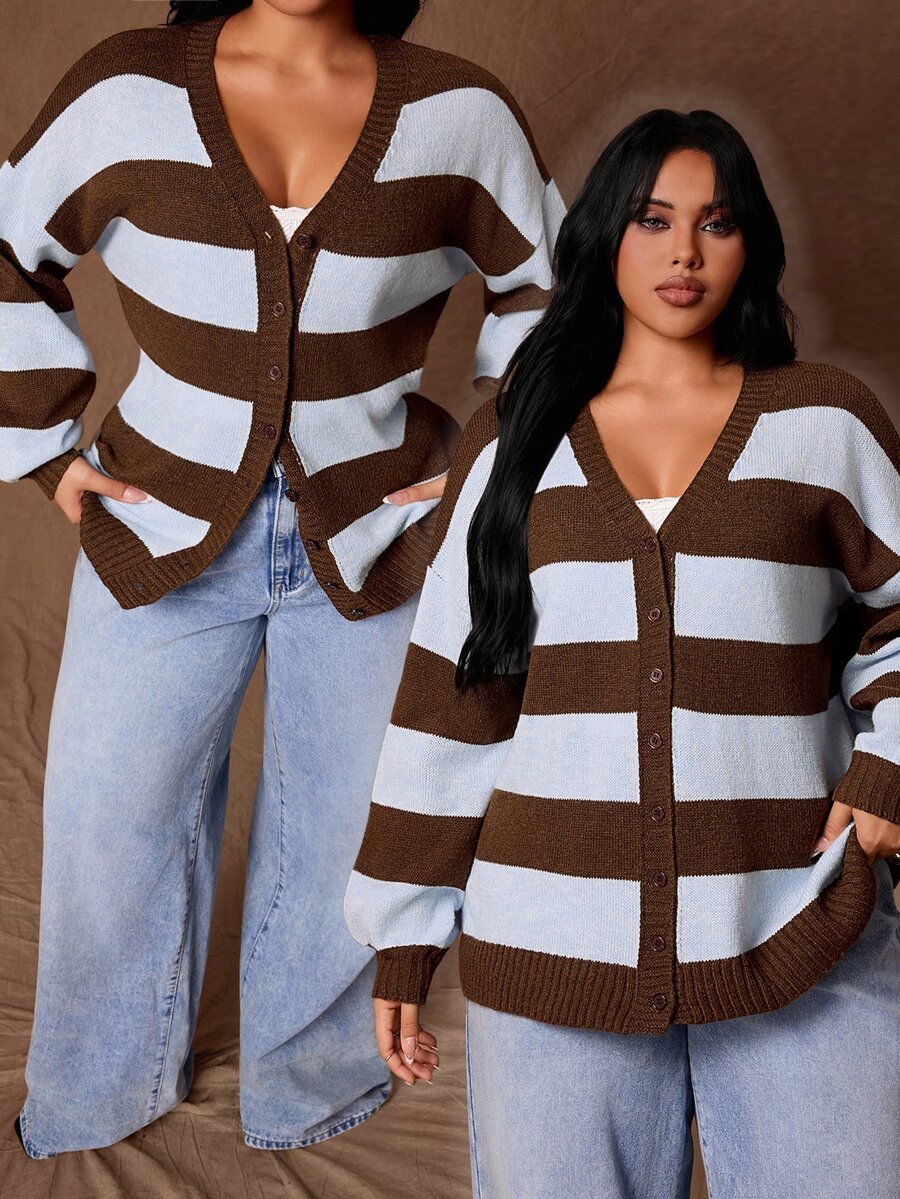 Rustia Cardigan Bermotif Garis-Garis Ukuran Plus dengan Bahu Jatuh - MultiWarna - View 1
