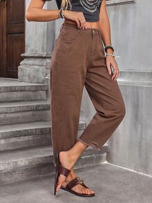 EMERY ROSE Plus Size Casual Washed Distressed Denim Jeans - Coffee Brown - View 14