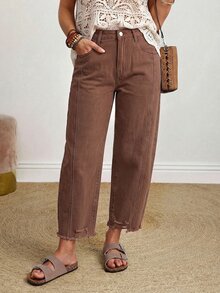 EMERY ROSE Plus Size Casual Washed Distressed Denim Jeans - Coffee Brown - View 1