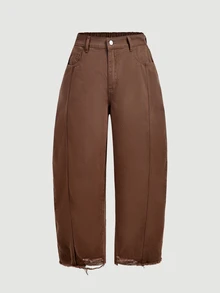 EMERY ROSE Plus Size Casual Washed Distressed Denim Jeans - Coffee Brown - View 3