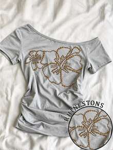 SuriyaCove 女款 T-shirt，不對稱肩短袖修身款，優雅 Y2K 休閒風，適合日常穿著、度假、假日、約會，夏季上衣，灰色水鑽 - 彩色 - 查看 4